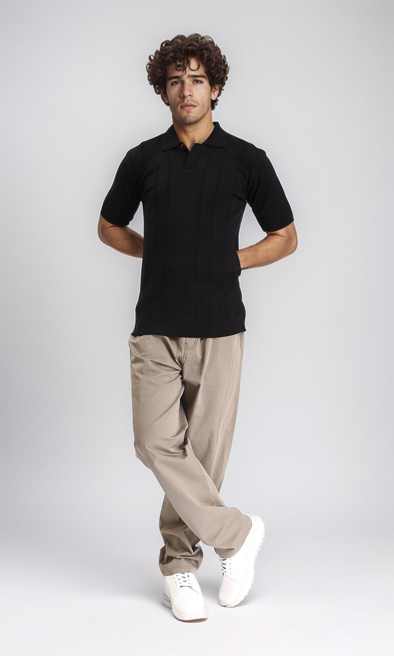 R213021 - Open Neck Slip On Polo Shirt - Black