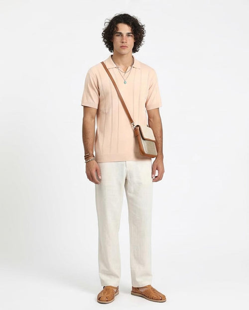 Title: Ravin Men’s Vertical Ribbed Knit Skipper Polo – Pale Peach -R213023