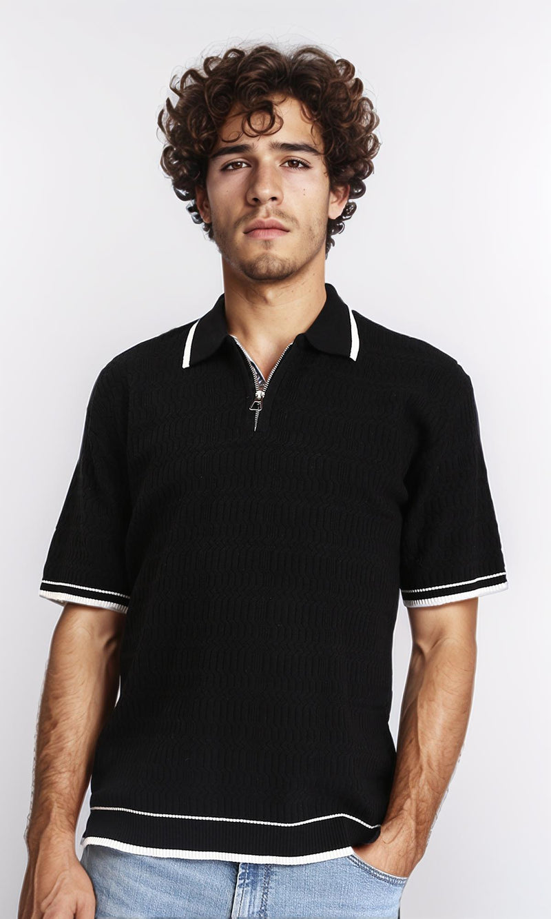 R213024 - Elbow Sleeves Zipped Polo Shirt - Black