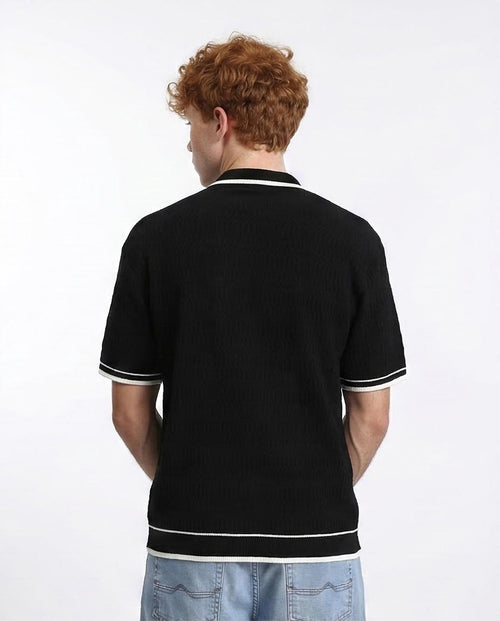 R213024 - Elbow Sleeves Zipped Polo Shirt - Black