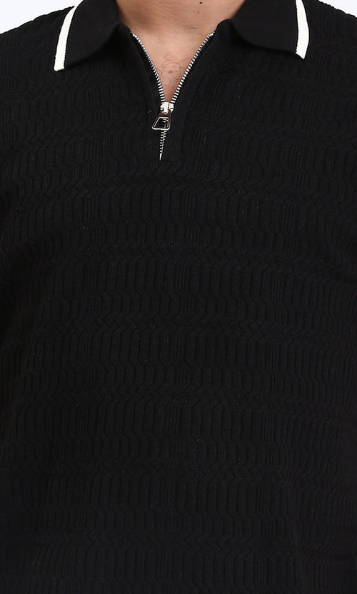 R213024 - Elbow Sleeves Zipped Polo Shirt - Black