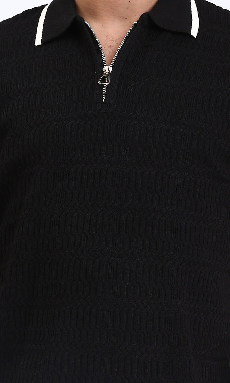 R213024 - Elbow Sleeves Zipped Polo Shirt - Black