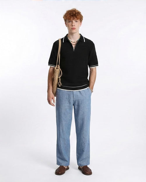 R213024 - Elbow Sleeves Zipped Polo Shirt - Black