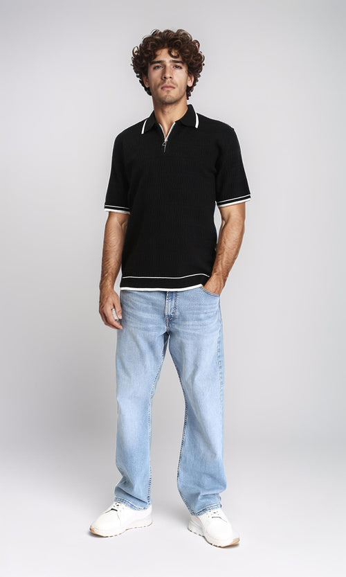 R213024 - Elbow Sleeves Zipped Polo Shirt - Black