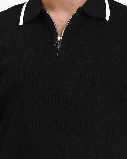 R213024 - Elbow Sleeves Zipped Polo Shirt - Black