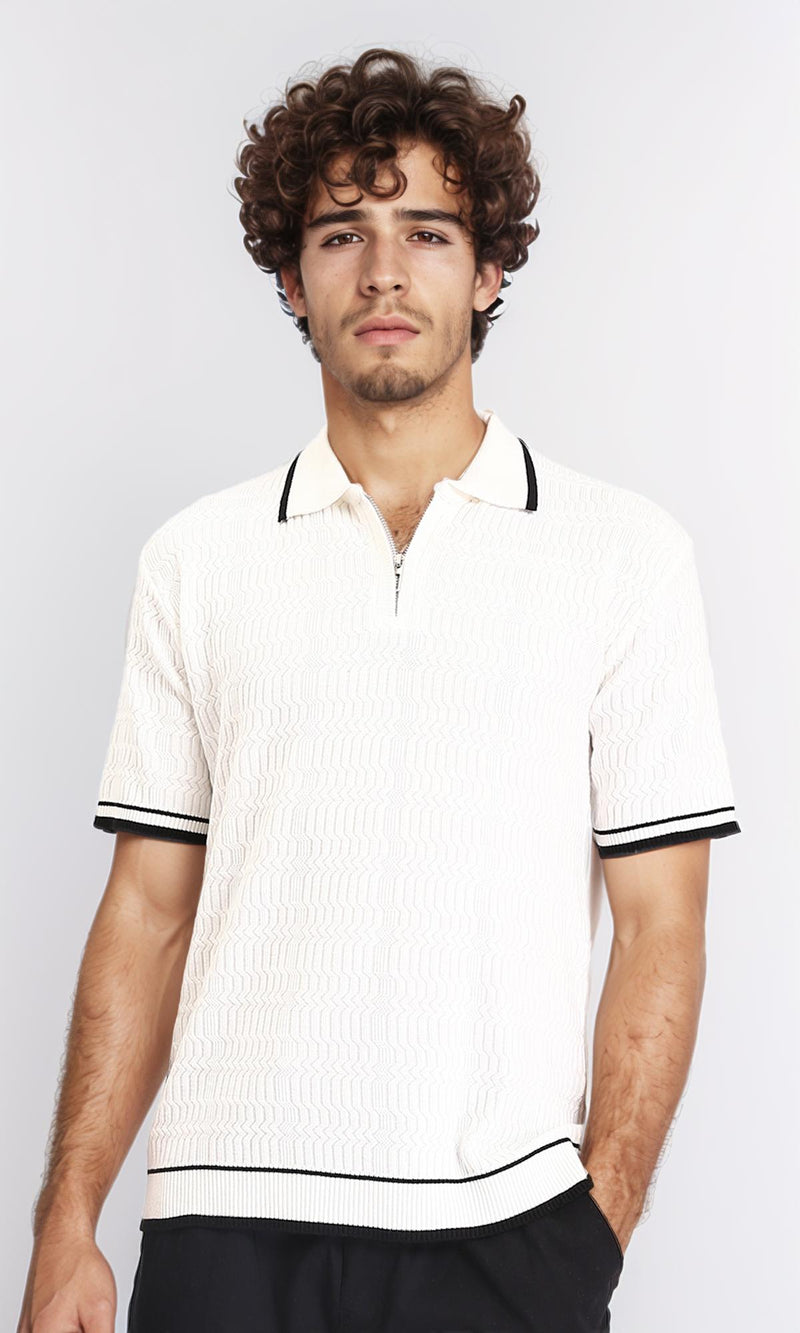 R213025 - Elbow Sleeves Zipped Polo Shirt - Off-White