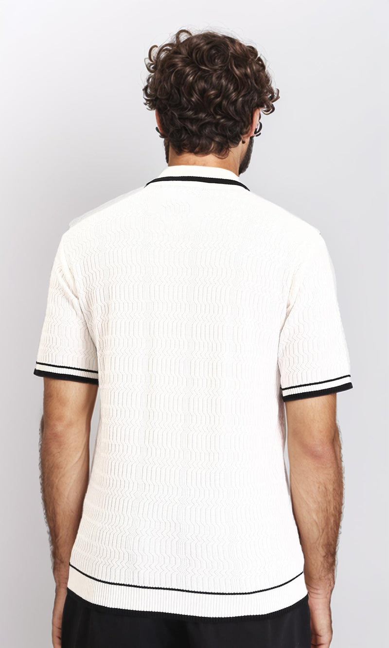 R213025 - Elbow Sleeves Zipped Polo Shirt - Off-White