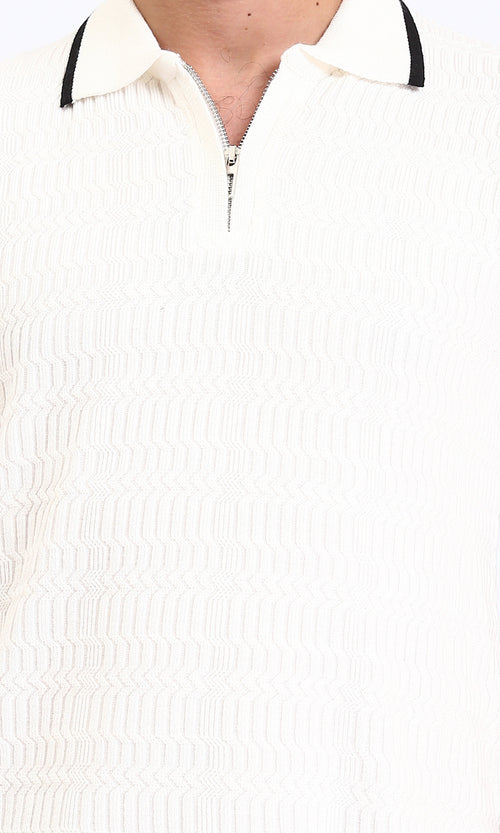 R213025 - Elbow Sleeves Zipped Polo Shirt - Off-White