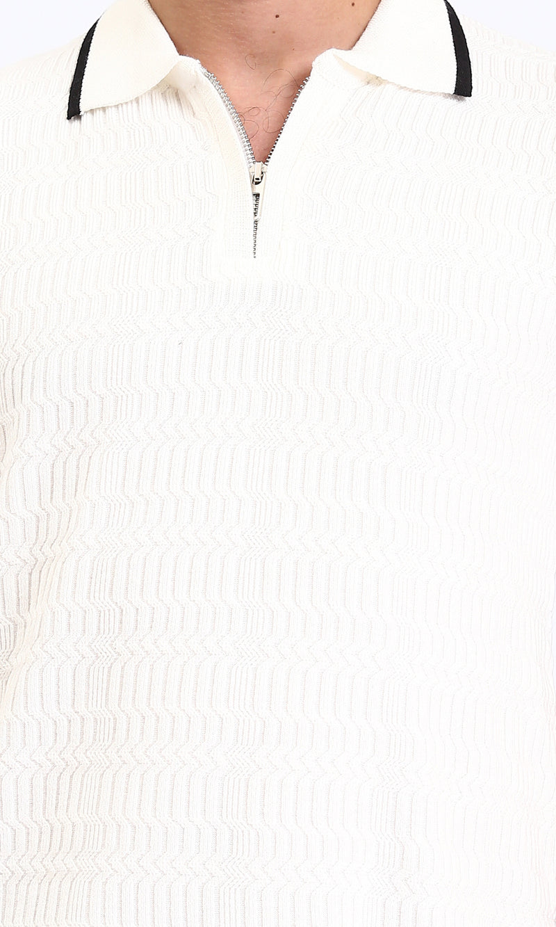R213025 - Elbow Sleeves Zipped Polo Shirt - Off-White