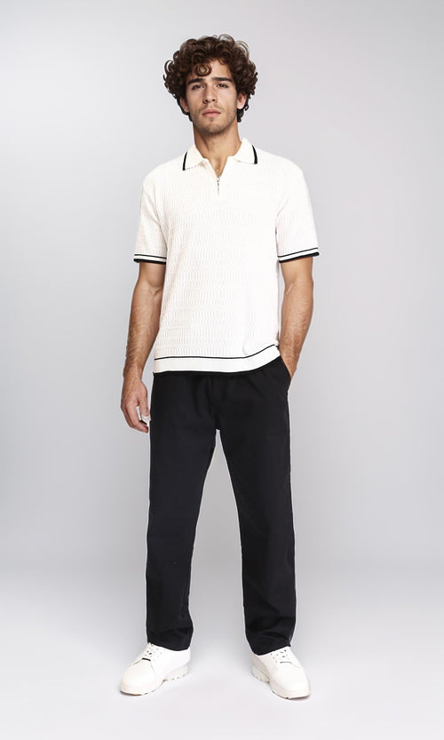 R213025 - Elbow Sleeves Zipped Polo Shirt - Off-White