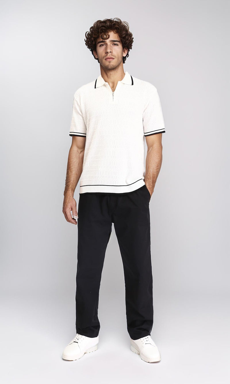 R213025 - Elbow Sleeves Zipped Polo Shirt - Off-White