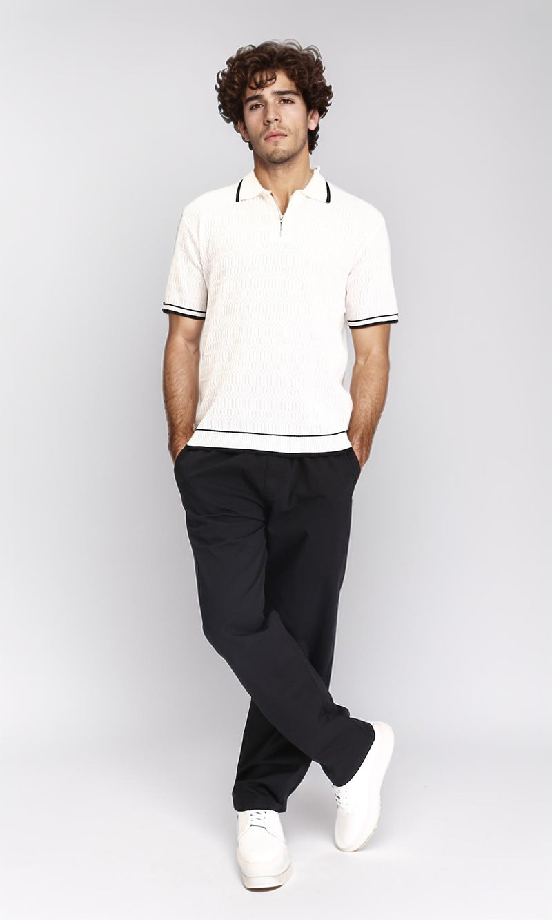 R213025 - Elbow Sleeves Zipped Polo Shirt - Off-White