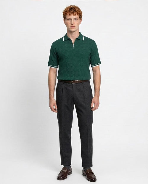 Ravin Mens Quarter-Zip Wave Texture Polo Shirt - Cotton Blend - Forest Green - R213026