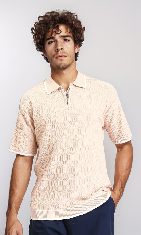 R213027 - Elbow Sleeves Zipped Polo Shirt - Nude
