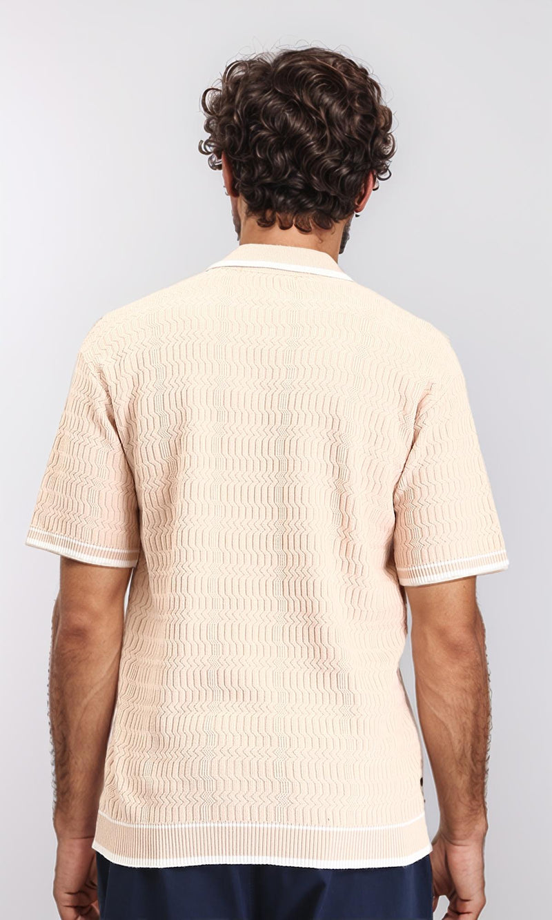 R213027 - Elbow Sleeves Zipped Polo Shirt - Nude