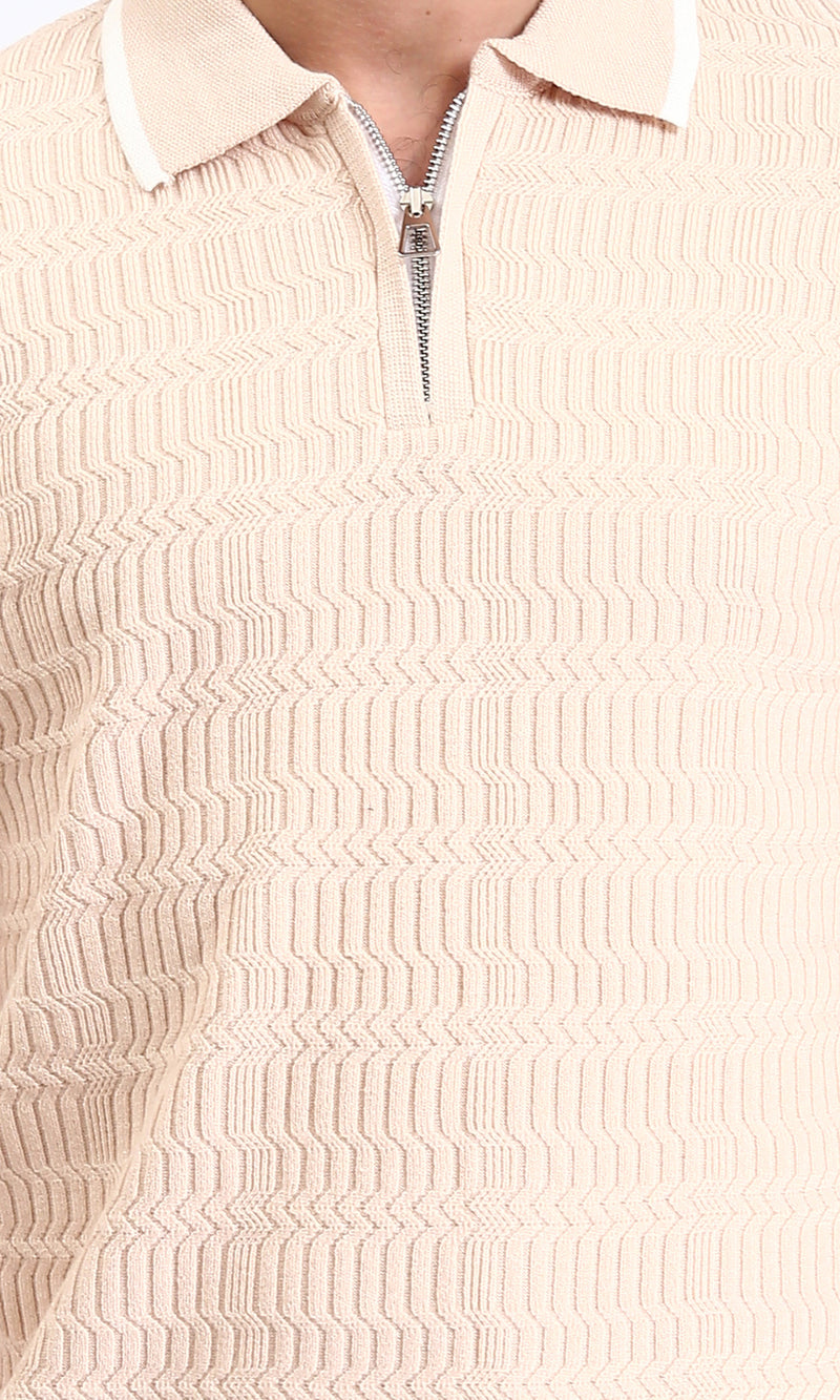 R213027 - Elbow Sleeves Zipped Polo Shirt - Nude