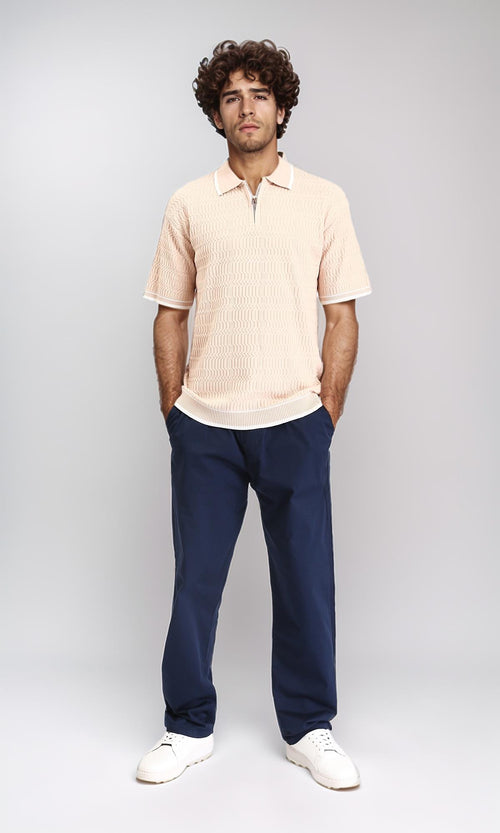 R213027 - Elbow Sleeves Zipped Polo Shirt - Nude