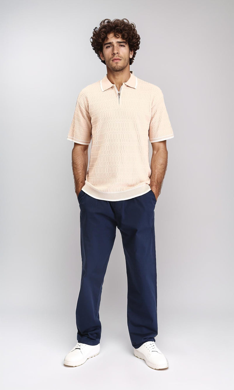 R213027 - Elbow Sleeves Zipped Polo Shirt - Nude