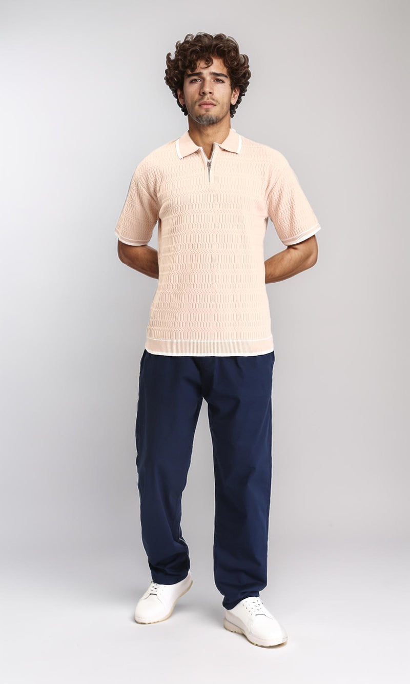 R213027 - Elbow Sleeves Zipped Polo Shirt - Nude