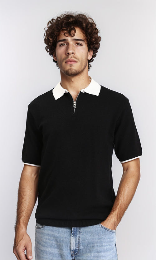 R213028 - Zipped Polo Shirt with Classic Collar - Black