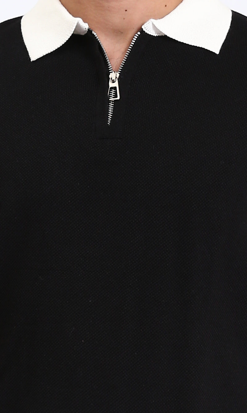 R213028 - Zipped Polo Shirt with Classic Collar - Black