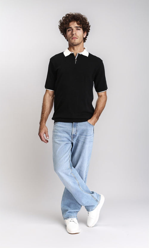R213028 - Zipped Polo Shirt with Classic Collar - Black