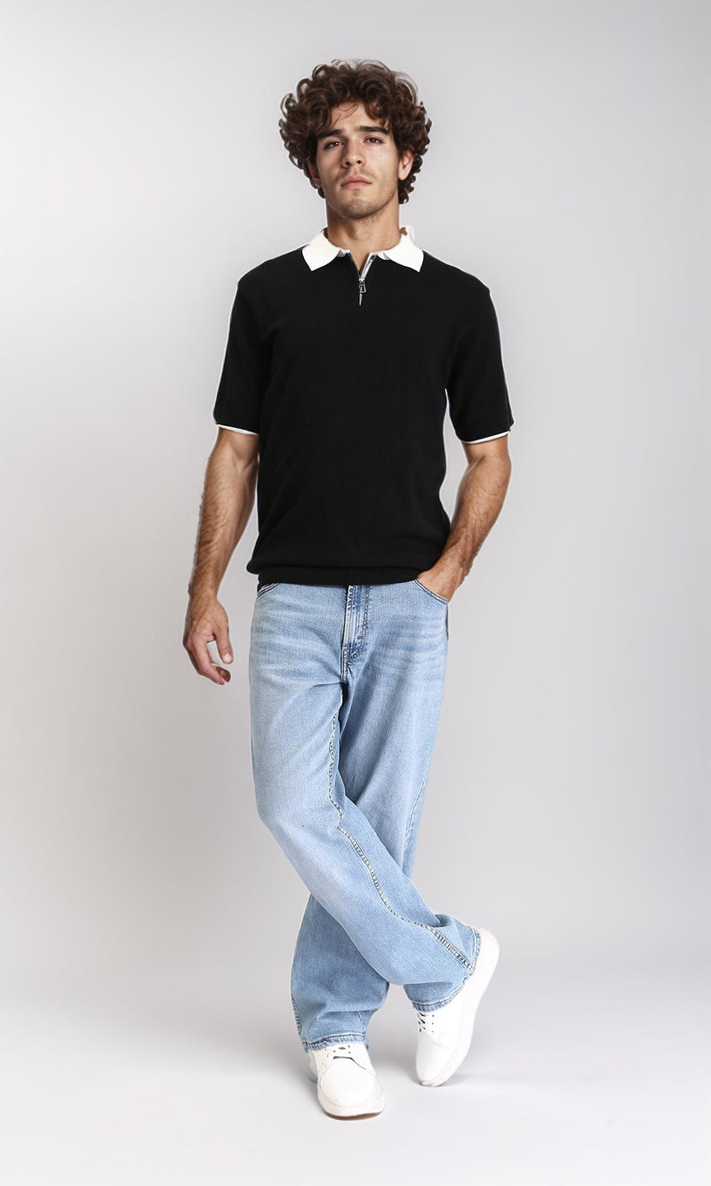 R213028 - Zipped Polo Shirt with Classic Collar - Black