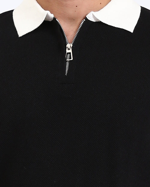 R213028 - Zipped Polo Shirt with Classic Collar - Black