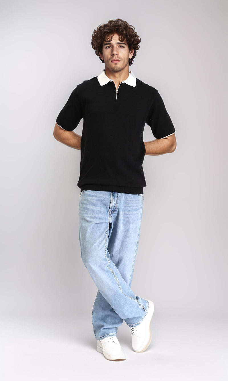 R213028 - Zipped Polo Shirt with Classic Collar - Black
