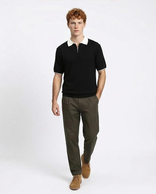 R213028 - Zipped Polo Shirt with Classic Collar - Black