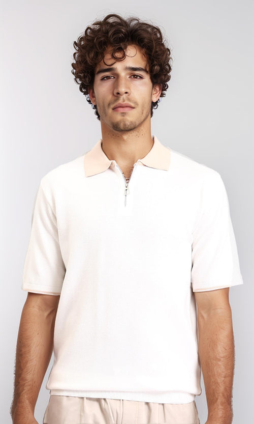 R213029 - Zipped Polo Shirt with Classic Collar - Light Beige
