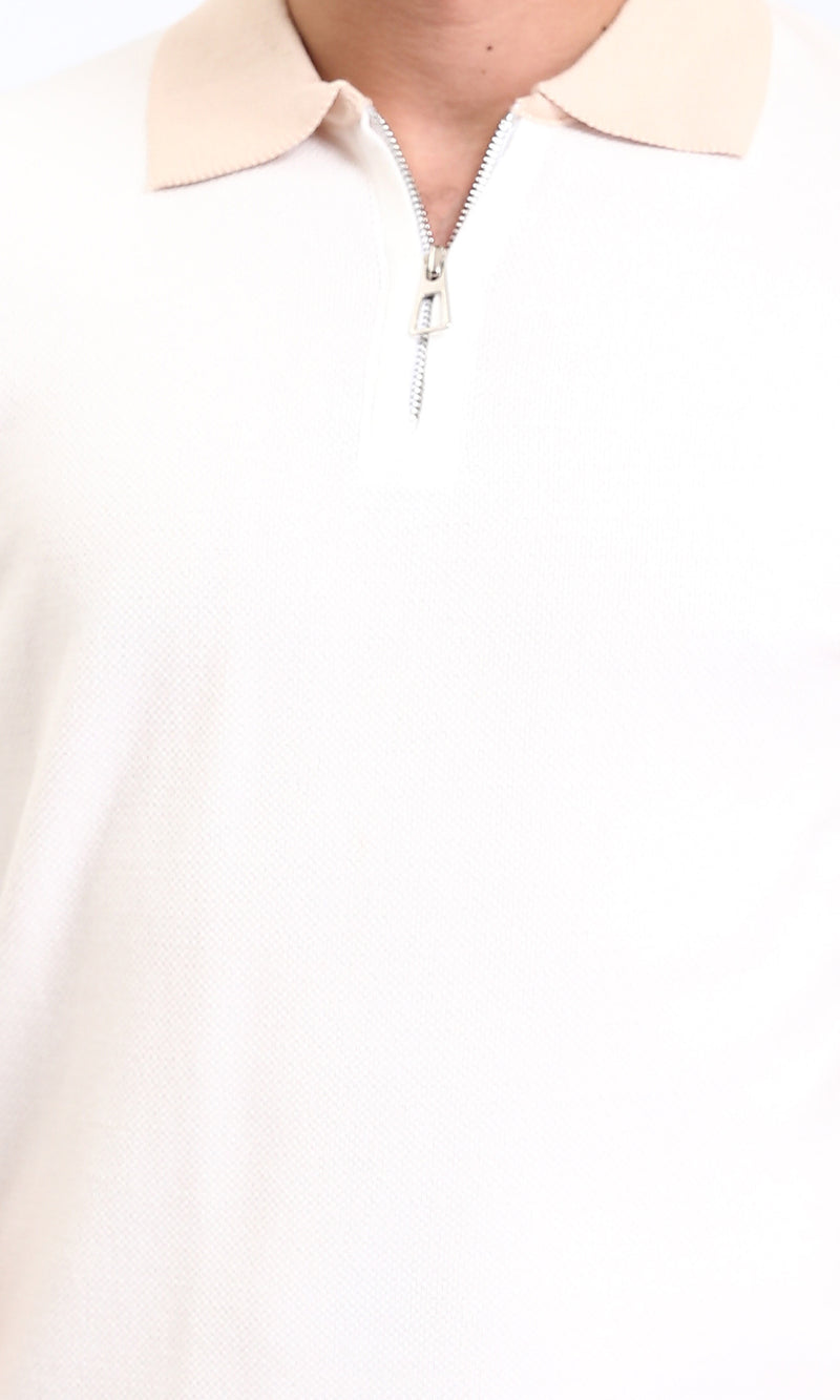 R213029 - Zipped Polo Shirt with Classic Collar - Light Beige