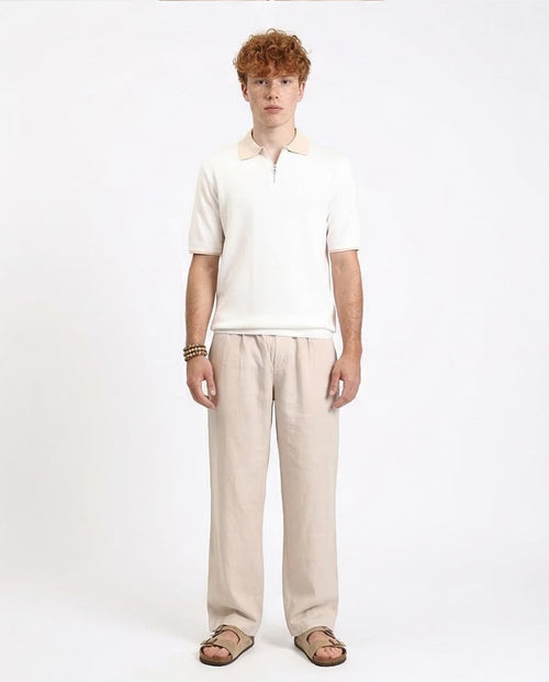 Ravin Men's Textured Knit Zip-Polo with Contrast Collar - Light Beige - R213029