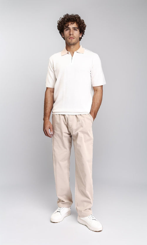 R213029 - Zipped Polo Shirt with Classic Collar - Light Beige