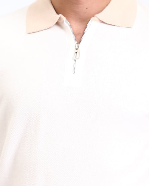 Ravin Men's Textured Knit Zip-Polo with Contrast Collar - Light Beige - R213029