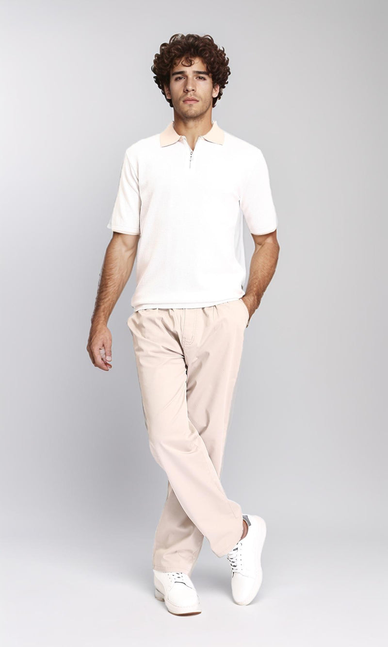 R213029 - Zipped Polo Shirt with Classic Collar - Light Beige