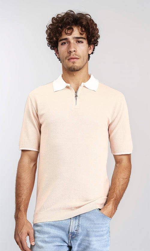 R213030 - Zipped Polo Shirt with Classic Collar - Nude