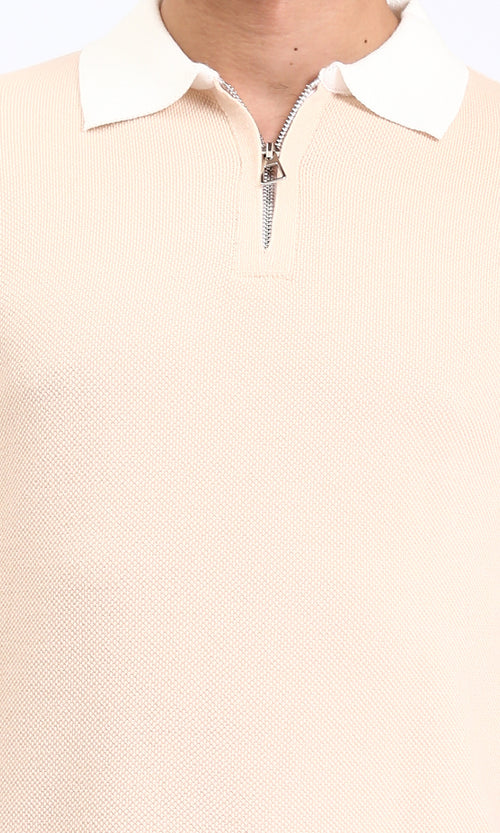 R213030 - Zipped Polo Shirt with Classic Collar - Nude