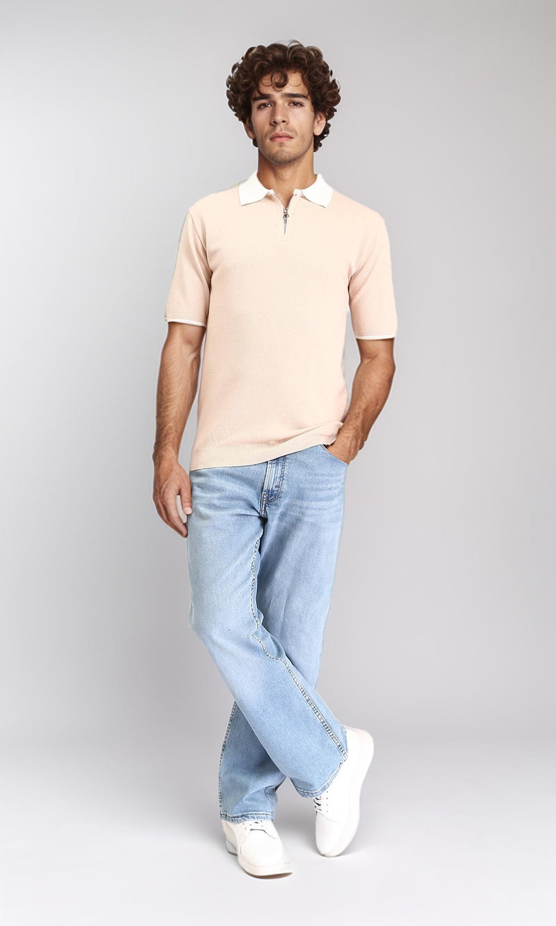 R213030 - Zipped Polo Shirt with Classic Collar - Nude