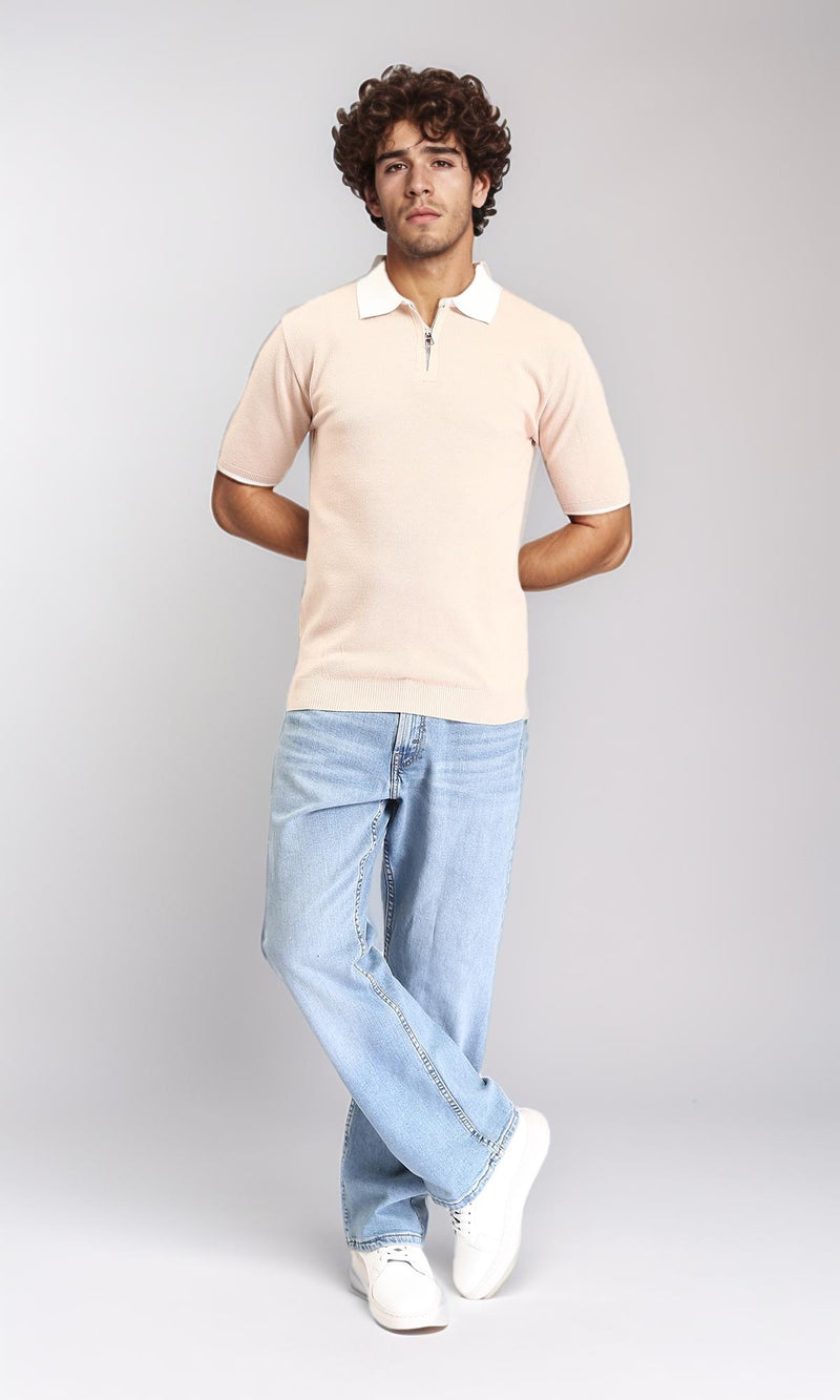 R213030 - Zipped Polo Shirt with Classic Collar - Nude