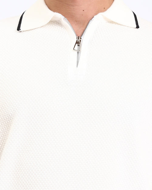 Ravin Quarter-Zip Honeycomb Knit Polo – Cream/Black - R213031