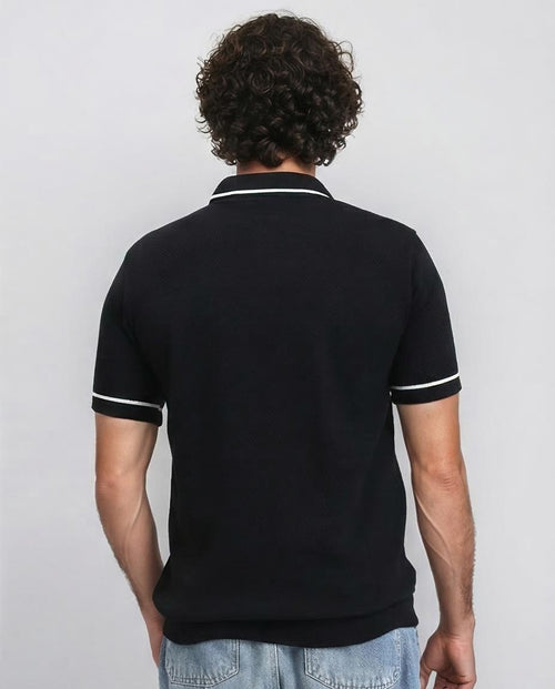 Ravin Men’s Textured Honeycomb Zip-Polo with Contrast Tipping – Black - R213032