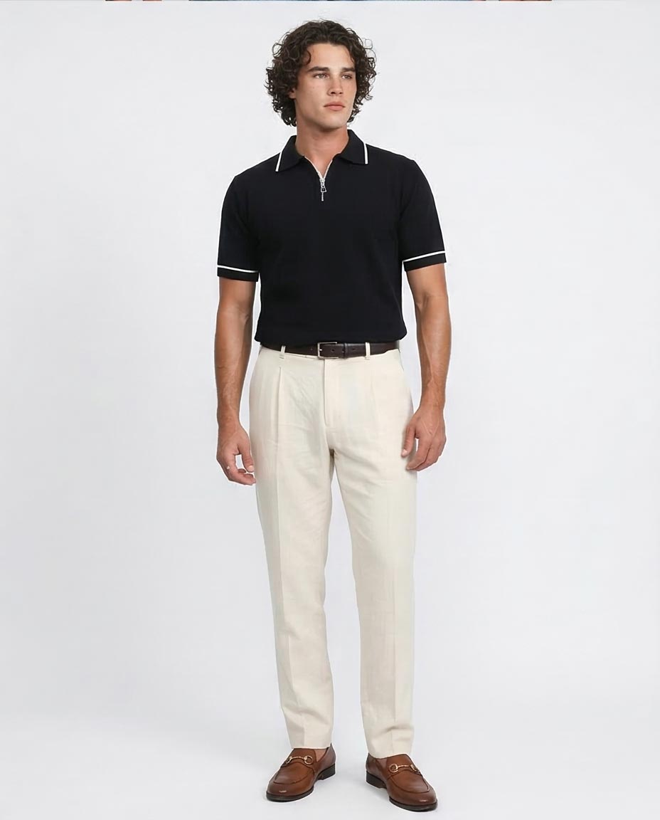 Ravin Men's تيشيرت بولو سادة بياقة وسوستة وتصميم بنقشة قرص العسل للرجال من رافين – أسود - R213032