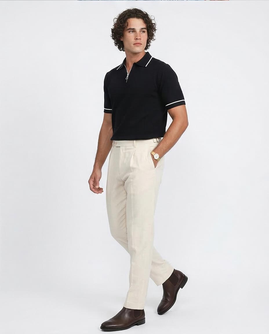 Ravin Men's تيشيرت بولو سادة بياقة وسوستة وتصميم بنقشة قرص العسل للرجال من رافين – أسود - R213032