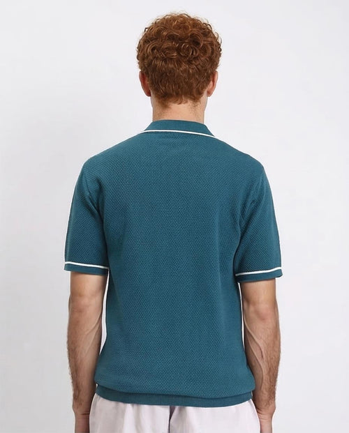 Ravin Men’s Quarter-Zip Textured Knit Polo – Petrol Blue with Contrast Tipping - R213034