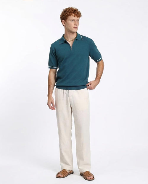 Ravin Men’s Quarter-Zip Textured Knit Polo – Petrol Blue with Contrast Tipping - R213034