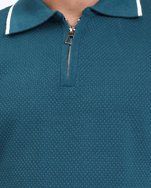 Ravin Men’s Quarter-Zip Textured Knit Polo – Petrol Blue with Contrast Tipping - R213034