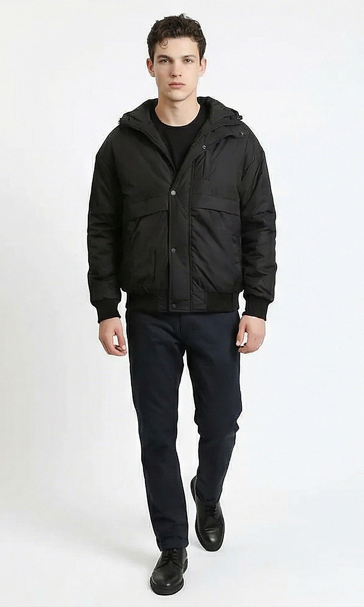 Black Minimalist Hooded Padded Bomber Jacket