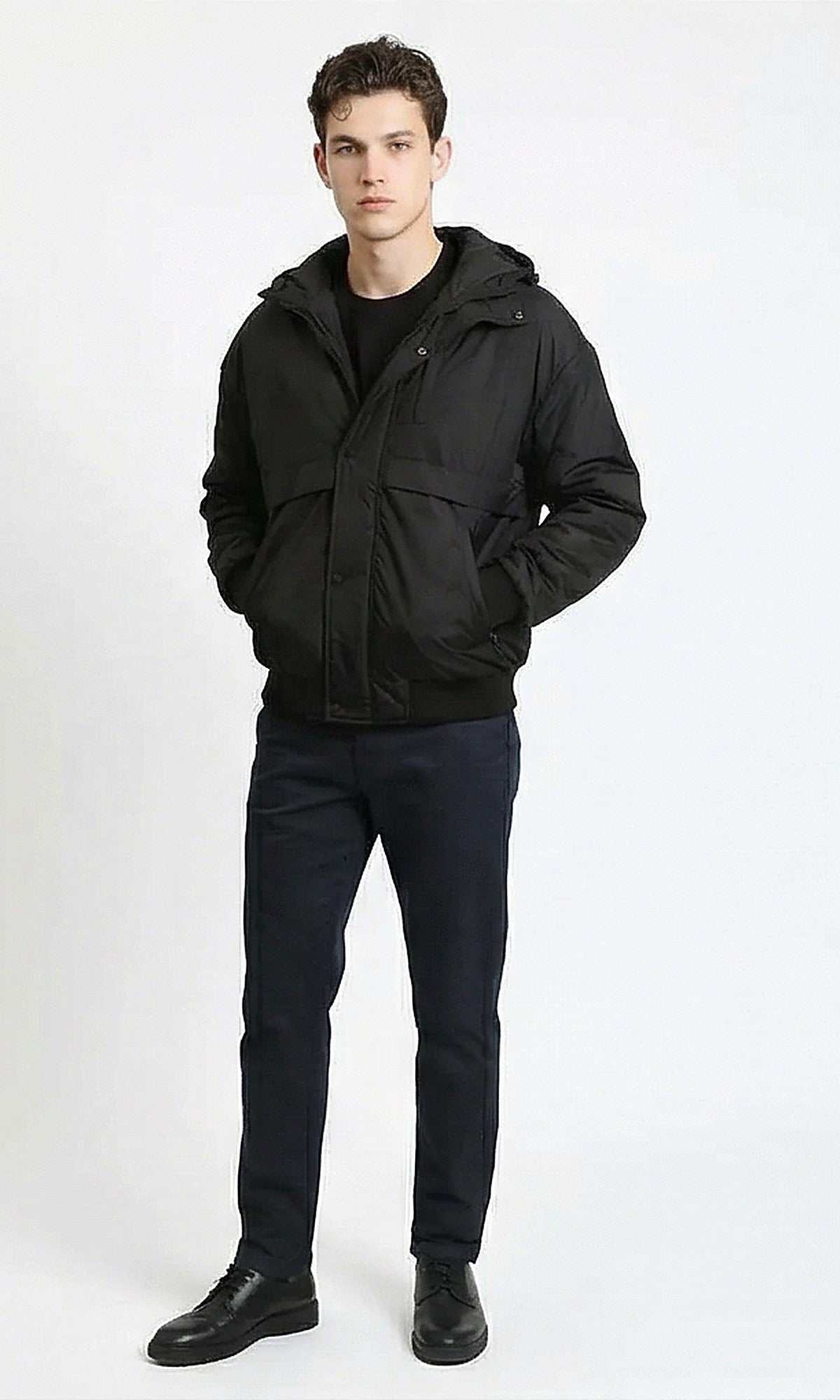 Black Minimalist Hooded Padded Bomber Jacket
