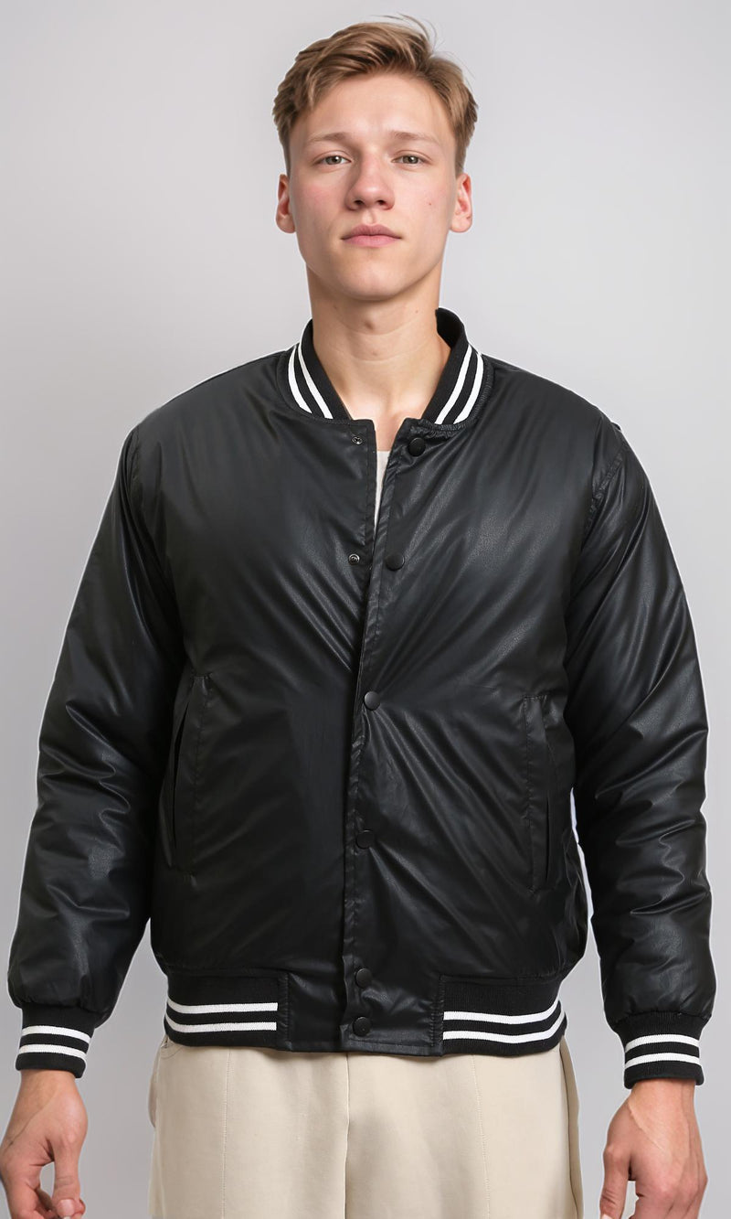 R213113 - Solid Bomber Jacket with Striped Hem - Black